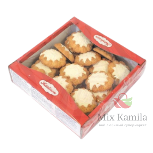 Shortcrust pastry biscuits with 28% layer of coconut cream and coconut flakes