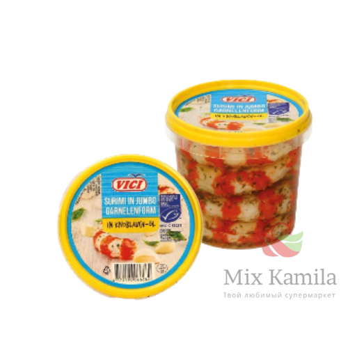 Surimi shrimp imitation formed from fish muscle protein, in garlic oil