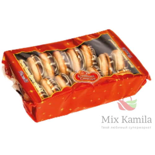 "Grzybek Dekorowany" double biscuits with apricot-flavoured fruit filling, decorated with milk-based sugar icing and cocoa-based icing