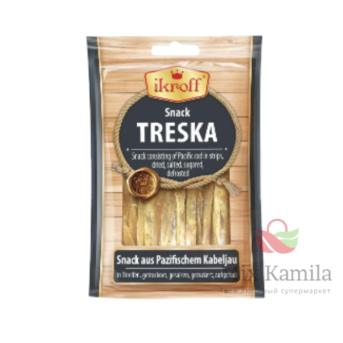 Snack made from Pacific cod (Gadus macrocephalus) in strips, dried, salted, sweetened, thawed.